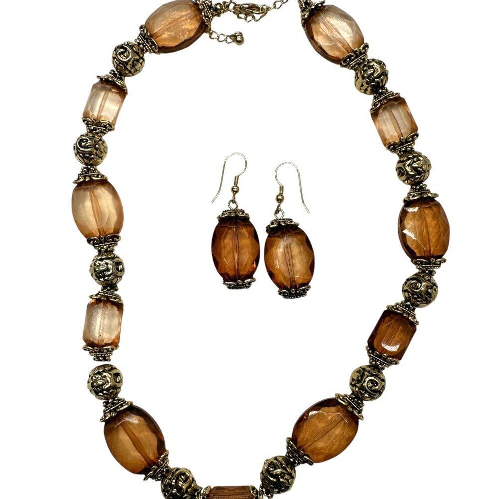 Amber Peach Beaded Necklace & Earring Set